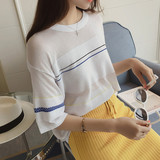 A 夏装2016新款女装潮韩国学生圆领条纹宽松七分袖针织T恤女7202