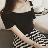 A2016夏装新款韩版修身时尚学生纯色单露肩短袖棉T恤上衣女6403