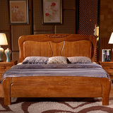 中式橡木全实木床水曲柳纹理床双人床1.8米1.5米框架成人大床婚床