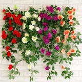 仿真玫瑰花 单支花束假花壁挂客厅室内装饰植物吊顶塑料藤条批发