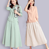 两件套棉麻连衣裙套装夏休闲文艺复古中长款森女韩版亚麻布长裙女