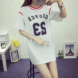 韩国BF风篮球服原宿风宽松大码女装棒球服中长款短袖T恤裙nv夏潮
