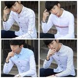 早秋流行男装长袖衬衫男青少年修身韩版学生条纹格子薄款纯棉衬衫