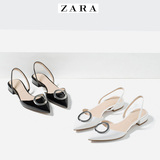 zara女鞋凉鞋圆扣尖头平底鞋低跟粗跟单鞋女金属圆环扣一字后细带