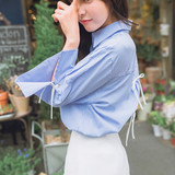 2016秋韩版蝴蝶结蓝色条纹衬衫喇叭七分袖中长款双口袋打底上衣女