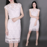 原创女装新款欧根纱刺绣连衣裙夏大码中长款无袖白色两件套一步裙