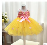 新款儿童合唱服幼儿女童演出服黄色花朵蓬蓬裙公主吊带纱裙表演服