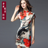 中国风时尚桑蚕丝双层短款改良旗袍真丝复古印花修身显瘦连衣裙
