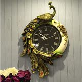 欧式创意客厅卧室高档复古立体彩色孔雀艺术镶钻静音树脂挂钟钟表