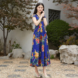 2016春夏季女装新款韩版中长款短袖打底裙花色亚麻连衣裙女麻棉女