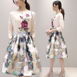 2016春季新款套装裙女修身时尚连衣裙九分袖韩版两件套雪纺A字裙