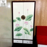 新中式手绘家具复古单双门实木衣柜美容院配套收纳储物更衣柜定制