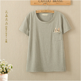 日系森女部落夏装新款可爱猫咪刺绣短袖T恤棉学生闺蜜休闲打底衫