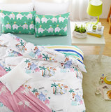全棉床上用品三件套或四件套绿色床单海岛假日大象小鸟汽车帐篷图