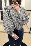 韩国订单新春款学院风格子印花灯笼袖高腰长袖衬衣女款学生衬衫