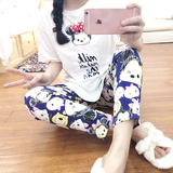 韩版夏季女款短袖长裤家居服 纯棉卡通可爱甜美立体米奇pink睡衣