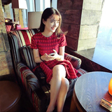 2016新款女装小香风修身显瘦A字打底裙短袖针织红色连衣裙春秋潮