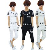 短袖t恤男 夏季时尚印花套装青少年韩版修身t恤搭配七分裤2件套潮