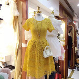 2016女装夏季新款显瘦甜美黄色短袖蕾丝中长款公主裙蓬蓬裙连衣裙