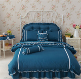 纯棉四件套纯色蓝色 样板间床品简约现代 韩式公主风田园被套床单