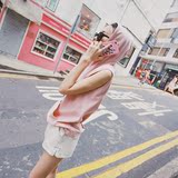 杨泡泡夏装新款韩版纯色运动连帽马甲卫衣女无袖宽松粉色上衣外套
