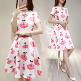 2016新款韩版女装印花中裙一字领大码短袖连衣裙打底修身A字裙