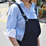 2016韩版春装新款性感V领宽松休闲显瘦棉布衬衣女蓝色竖条纹衬衫