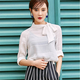 韩版夏季新款女领口蝴蝶结雪纺衬衫薄款长袖衬衣系带上衣宽松秋季