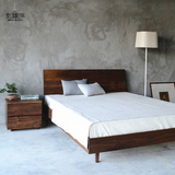老榆木黑胡桃木高档双人床纯实木床现代中式靠背床简约床卧室家具