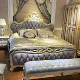 欧式床 婚床实木雕花真皮床 公主床 主卧室床1.8米象牙白色描金银