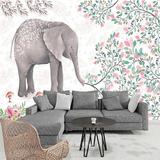 简约时尚手绘水彩3D美式田园大象花卉电视沙发背景墙壁纸墙纸壁画