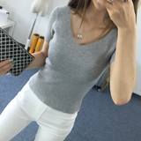 代购针织T恤女2016新款韩版V领修身短款冰丝打底衫纯色短袖夏季潮
