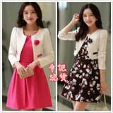 韩国气质修身长袖连衣裙职业女装春装韩版印花两件套裙搭配短外套
