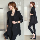 韩国2016春秋黑色双排扣中长款小西装外套女修身韩版通勤西服纯色