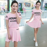 2016韩版新款大码女装印花T恤+百褶裙休闲两件套网球服运动套装潮