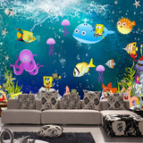 大型3D立体壁画壁纸海底世界儿童房电视客厅背景墙纸海绵宝宝海豚