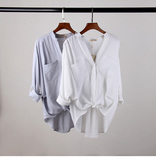 2016新款韩版简约宽松显瘦双口袋立领棉麻衬衫女夏长袖休闲白衬衣