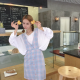 DUTE 韩国订单甜美可爱气质糖果色格子V领纽扣显瘦女背带裙  121