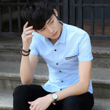 2016春夏季新款韩版修身男士短袖印花衬衫商务青年学生纯色衬衣潮