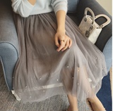 2016夏装新款韩版仙女下摆珍珠钉珠蓬蓬网纱裙半身长裙中长款短裙