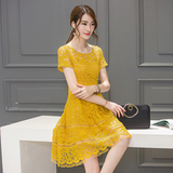夏季新款韩版中长款勾花镂空气质时尚小香新蕾丝连衣裙高腰打底裙