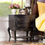 美式乡村欧式法式新古典实木床头柜黑色做旧雕花带抽屉床边柜预定