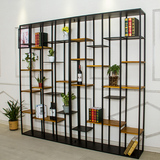 loft美式铁艺实木格子置物架书架客厅落地屏风办公创意隔断展示柜