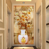 3d立体仿彩雕玄关壁纸壁画 过道走廊背景墙装饰画 竖版玉兰花花瓶