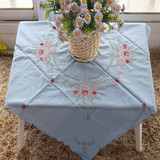 花语出口欧美原单全棉蓝色绣花方形防尘盖布桌布小圆桌子盖布