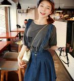 2016夏季新款韩版女装牛仔背带裙蓬蓬裙吊带裙高腰短裙半身裙