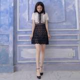 2016夏季新款韩版修身收腰小香风短袖拼接镂空蕾丝连衣裙短裙裙子