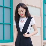 2016夏季新款韩国修身爱心网纱圆领短袖纯色百搭T恤女打底衫上衣