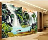 中式客厅电视背景墙纸办公室书房壁纸沙发大型壁画聚宝盆山水油画