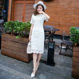 2016夏季新款女装韩版修身显瘦a字高腰镂空蕾丝连衣裙中长款裙子